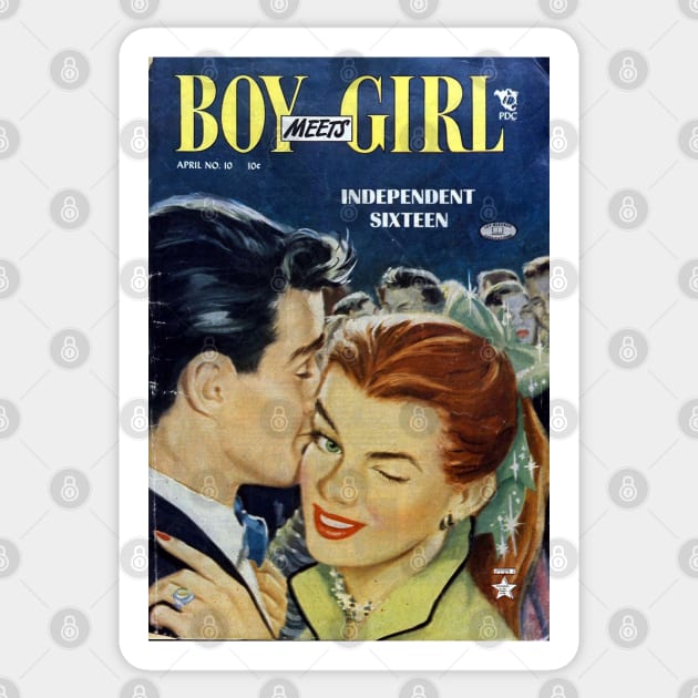 Vintage Romance Comic Book Cover - Boy Meets Girl Sticker by Slightly Unhinged